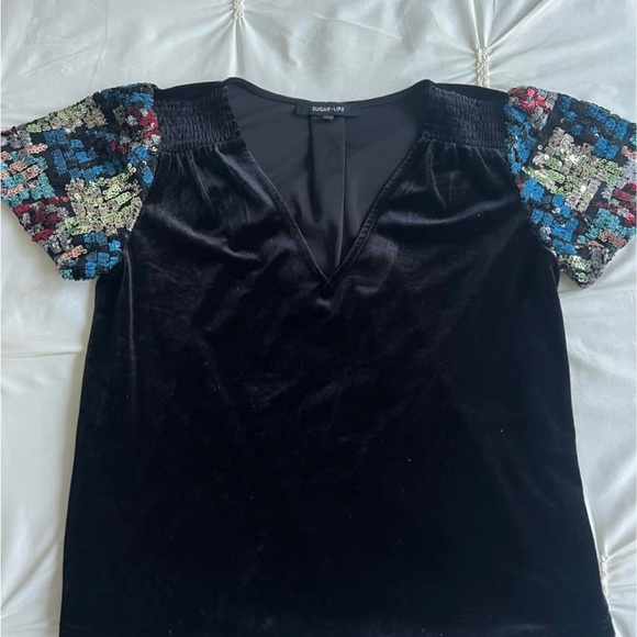 Sugarlips Tops - Sugarlips Black Velvet Top with Multicolor Sequin Sleeves